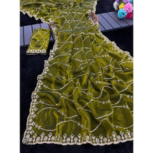 Generic Women's Jimmy Choo Embellished Saree With Unstitched Blouse 5.5Mtr�(Mehendi-Green)