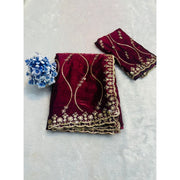 Generic Women's Jimmy Choo Embellished Saree With Unstitched Blouse 5.5Mtr�(Wine)