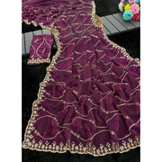 Generic Women's Jimmy Choo Embellished Saree With Unstitched Blouse 5.5Mtr�(Wine)