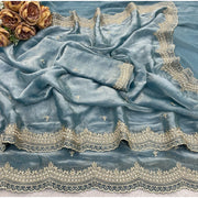 Generic Women's Satin Embellished Saree With Unstitched Blouse 5.5Mtr�(Blue)