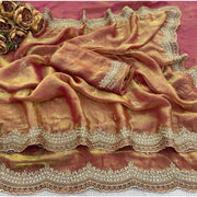 Generic Women's Satin Embellished Saree With Unstitched Blouse 5.5Mtr�(Orange)