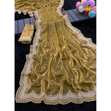 Generic Women's Satin Embellished Saree With Unstitched Blouse 5.5Mtr�(Olive-Green)