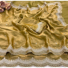 Generic Women's Satin Embellished Saree With Unstitched Blouse 5.5Mtr�(Olive-Green)