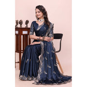 Generic Women's Georgette Embroidered Saree With Unstitched Blouse 5.5Mtr�(Navy Blue)