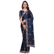 Generic Women's Georgette Embroidered Saree With Unstitched Blouse 5.5Mtr�(Navy Blue)