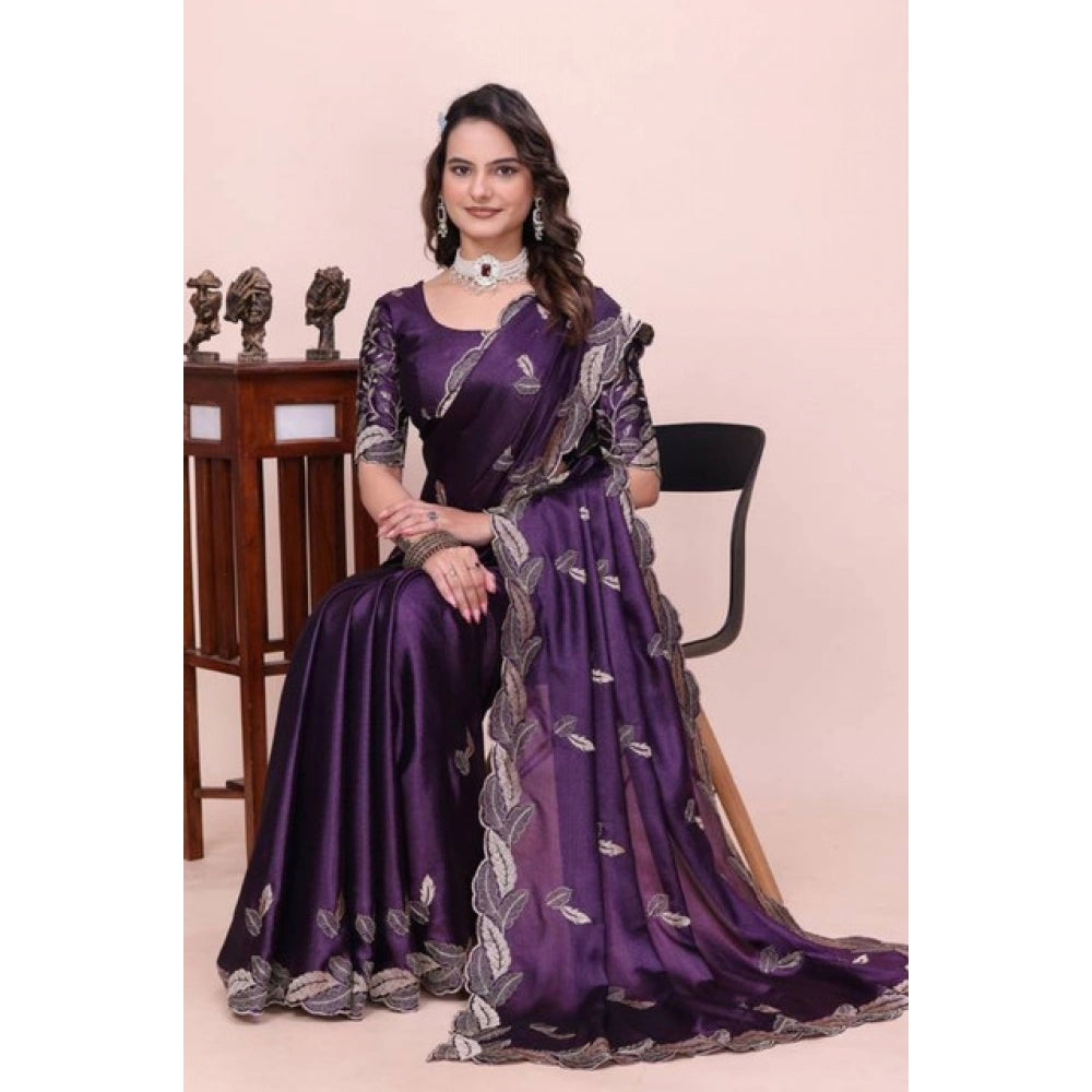 Generic Women's Georgette Embroidered Saree With Unstitched Blouse 5.5Mtr�(Purple)