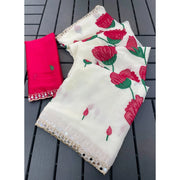 Generic Women's Georgette Embellished Saree With Unstitched Blouse 5.5Mtr�(Cream-Red)