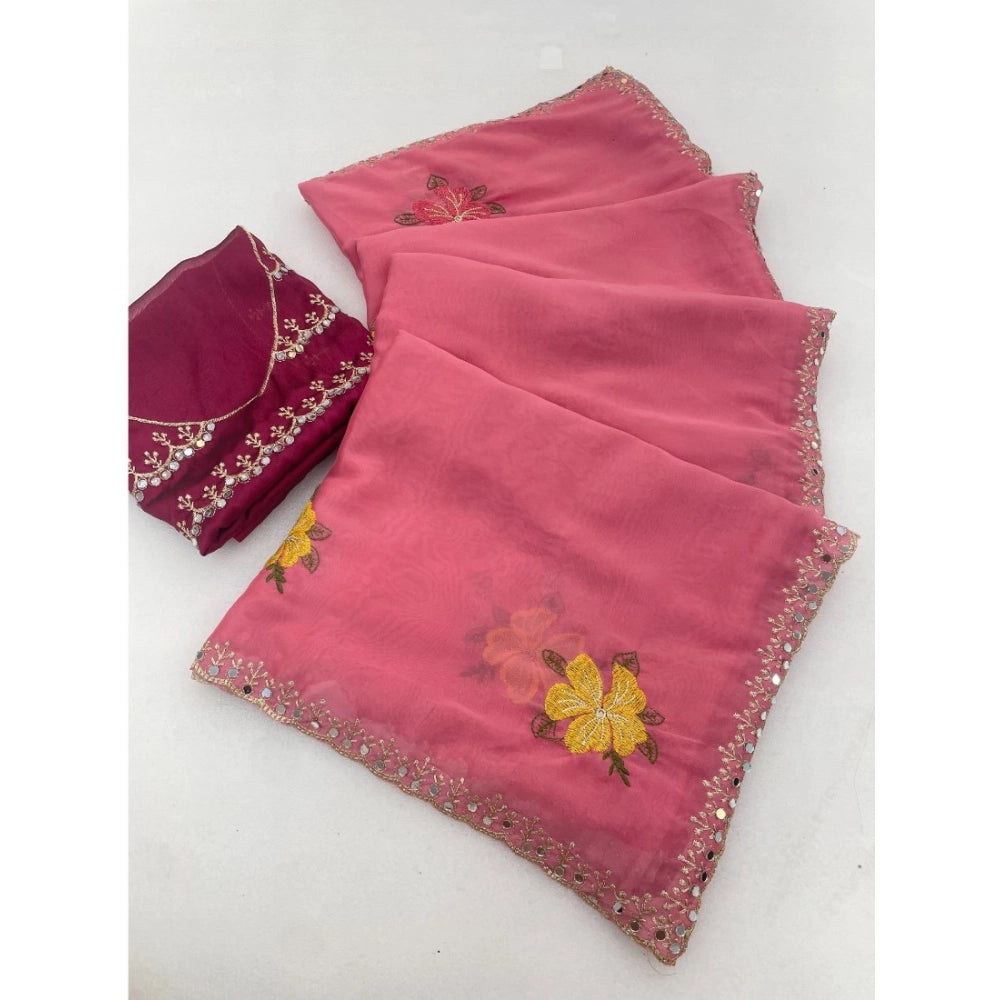 Generic Women's Georgette Embellished Saree With Unstitched Blouse 5.5Mtr�(Pink)