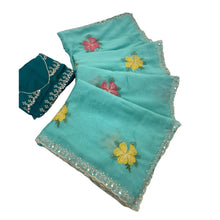 Generic Women's Georgette Embellished Saree With Unstitched Blouse 5.5Mtr�(Aqua Blue)
