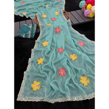 Generic Women's Georgette Embellished Saree With Unstitched Blouse 5.5Mtr�(Aqua Blue)