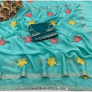 Generic Women's Georgette Embellished Saree With Unstitched Blouse 5.5Mtr�(Aqua Blue)