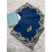 Generic Women's Chiffon Embroidered Saree With Unstitched Blouse 5.5Mtr�(Blue)