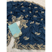 Generic Women's Chiffon Embroidered Saree With Unstitched Blouse 5.5Mtr�(Blue)
