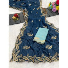 Generic Women's Chiffon Embroidered Saree With Unstitched Blouse 5.5Mtr�(Blue)