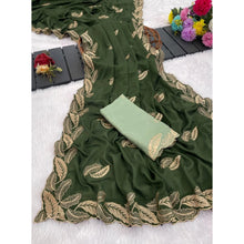 Generic Women's Chiffon Embroidered Saree With Unstitched Blouse 5.5Mtr�(Green)