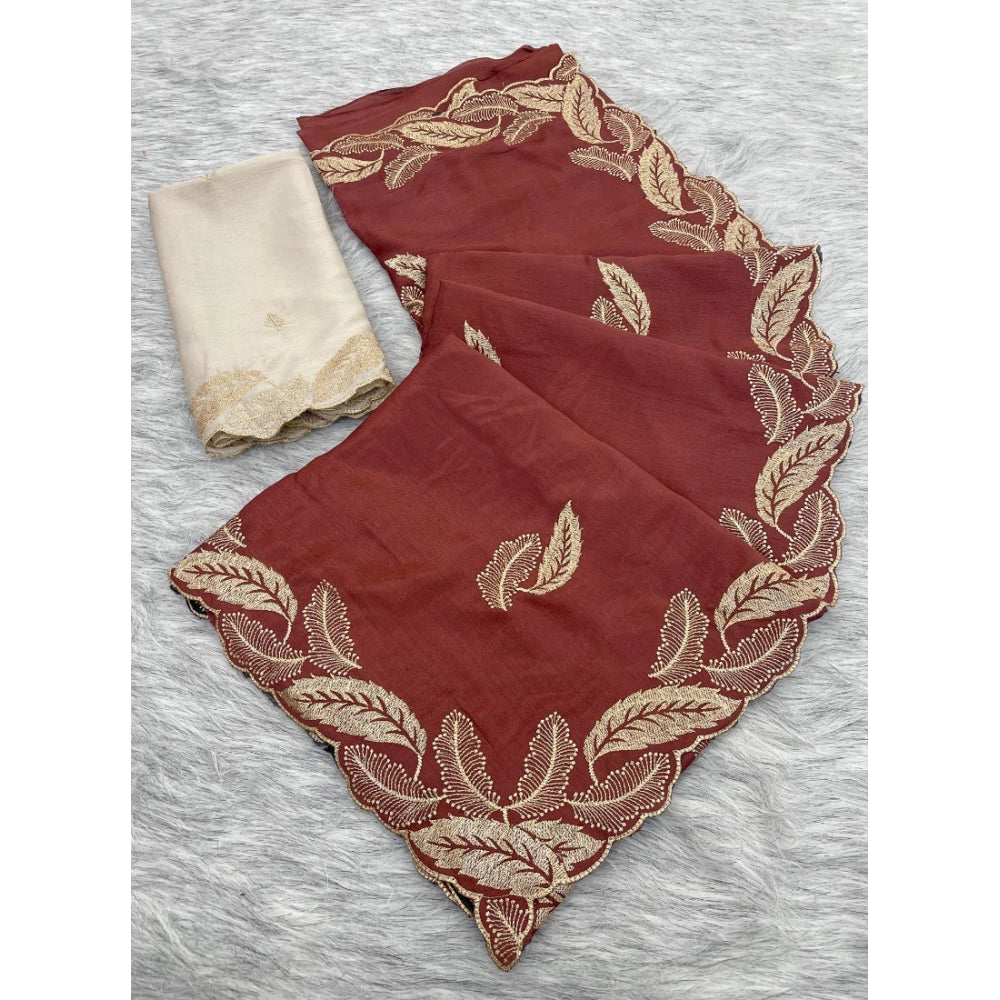 Generic Women's Chiffon Embroidered Saree With Unstitched Blouse 5.5Mtr�(Maroon)