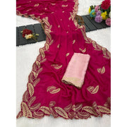 Generic Women's Chiffon Embroidered Saree With Unstitched Blouse 5.5Mtr�(Pink)