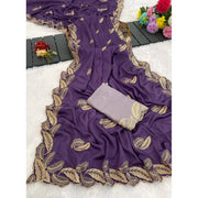 Generic Women's Chiffon Embroidered Saree With Unstitched Blouse 5.5Mtr�(Purple)