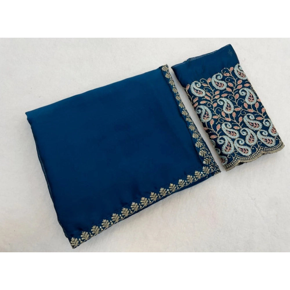 Generic Women's Chiffon Embroidered Saree With Unstitched Blouse 5.5Mtr�(Teal)