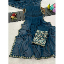 Generic Women's Chiffon Embroidered Saree With Unstitched Blouse 5.5Mtr�(Teal)