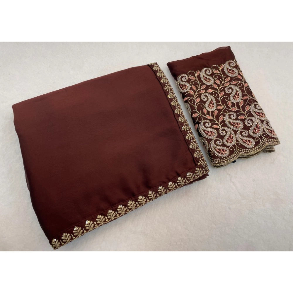 Generic Women's Chiffon Embroidered Saree With Unstitched Blouse 5.5Mtr�(Brown)