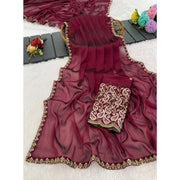 Generic Women's Chiffon Embroidered Saree With Unstitched Blouse 5.5Mtr�(Maroon)