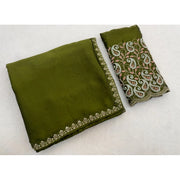 Generic Women's Chiffon Embroidered Saree With Unstitched Blouse 5.5Mtr�(Olive Green)