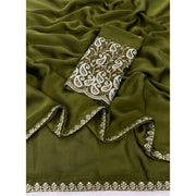 Generic Women's Chiffon Embroidered Saree With Unstitched Blouse 5.5Mtr�(Olive Green)