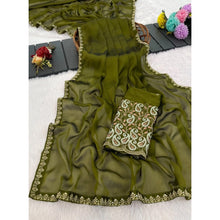 Generic Women's Chiffon Embroidered Saree With Unstitched Blouse 5.5Mtr�(Olive Green)