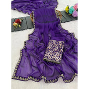 Generic Women's Chiffon Embroidered
 Saree With Unstitched Blouse 5.5Mtr�(Purple)