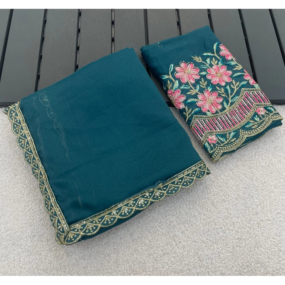 Generic Women's Georgette Embellished Saree With Unstitched Blouse 5.5Mtr�(Teal)