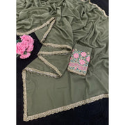 Generic Women's Georgette Embellished Saree With Unstitched Blouse 5.5Mtr�(Olive Green)