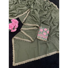 Generic Women's Georgette Embellished Saree With Unstitched Blouse 5.5Mtr�(Olive Green)