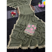 Generic Women's Georgette Embellished Saree With Unstitched Blouse 5.5Mtr�(Olive Green)