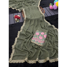 Generic Women's Georgette Embellished Saree With Unstitched Blouse 5.5Mtr�(Olive Green)