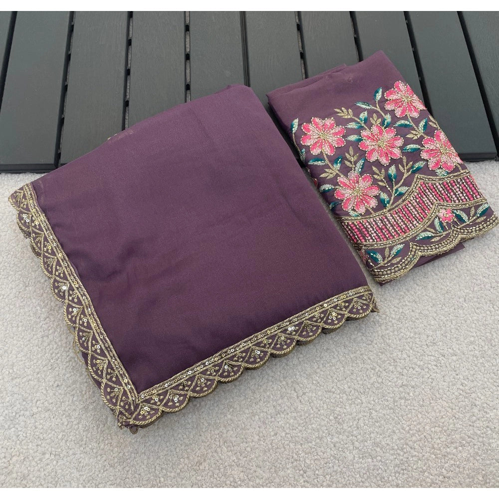 Generic Women's Georgette Embellished Saree With Unstitched Blouse 5.5Mtr�(Purple)