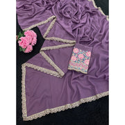 Generic Women's Georgette Embellished Saree With Unstitched Blouse 5.5Mtr�(Purple)