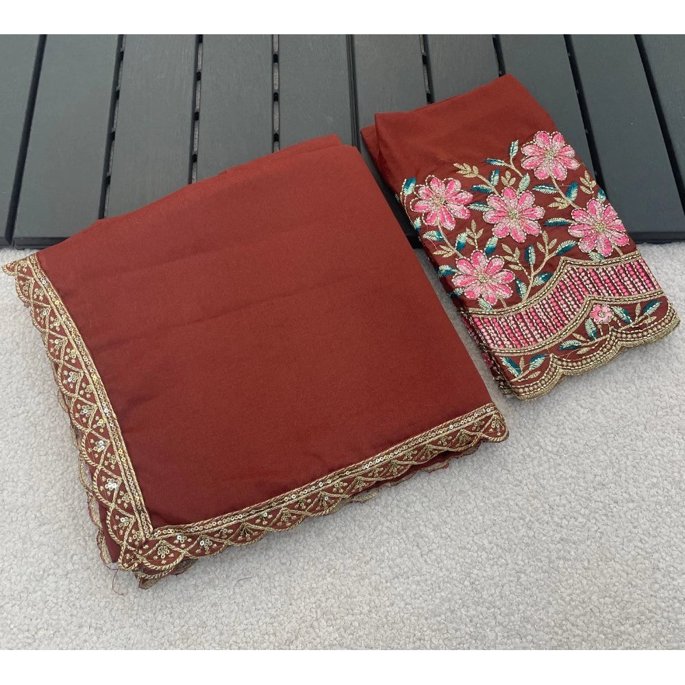 Generic Women's Georgette Embellished Saree With Unstitched Blouse 5.5Mtr�(Brown)