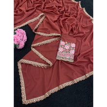 Generic Women's Georgette Embellished Saree With Unstitched Blouse 5.5Mtr�(Brown)