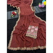 Generic Women's Georgette Embellished Saree With Unstitched Blouse 5.5Mtr�(Brown)