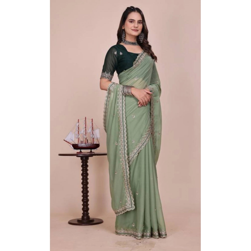 Generic Women's Georgette Embellished Saree With Unstitched Blouse 5.5Mtr�(Pista Green)