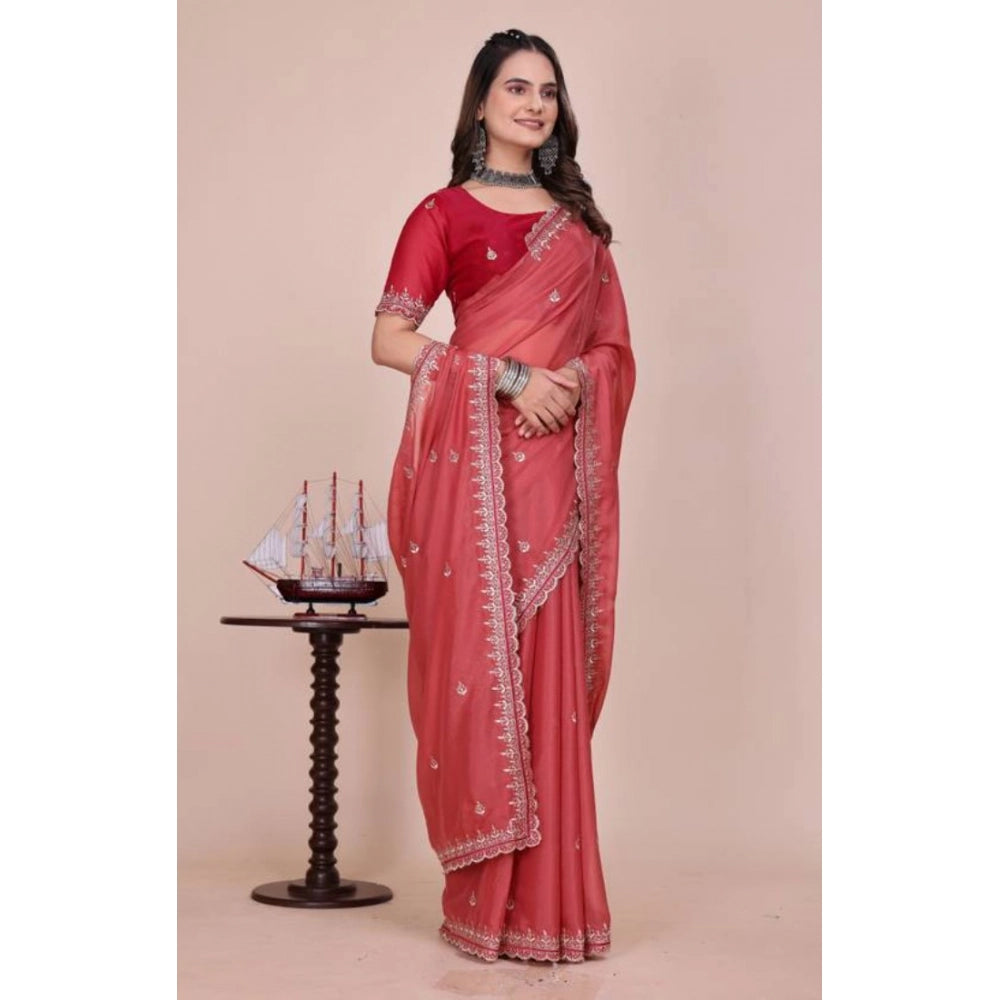 Generic Women's Georgette Embellished Saree With Unstitched Blouse 5.5Mtr�(Coral Red)