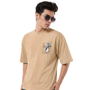 Generic Men's Cotton Blend Printed Oversized Round Neck Half Sleeve T-Shirt (Beige)
