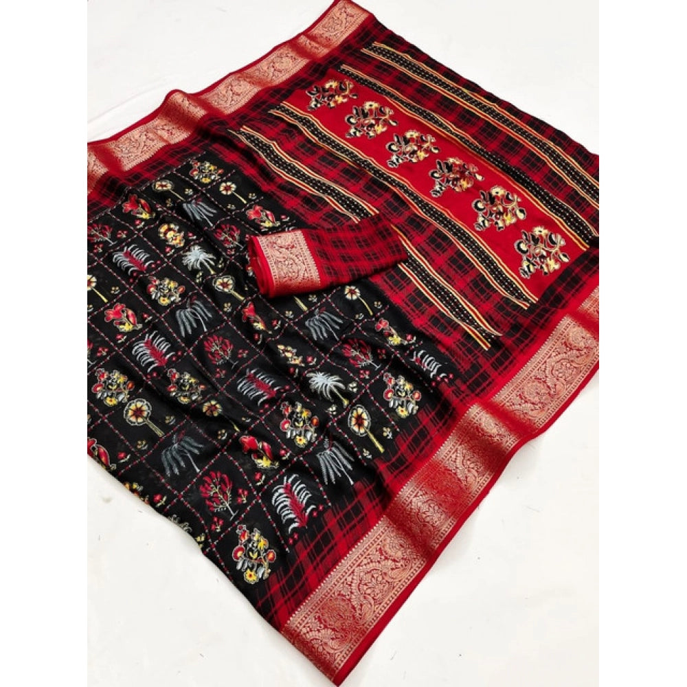 Generic Women's Dola Silk Printed Saree With Unstitched Blouse 5.5Mtr (BLACK)