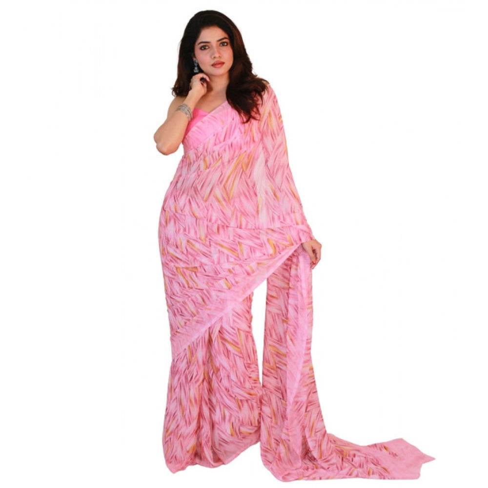 Generic Women's Georgette Printed Saree With Unstitched Blouse 5.5Mtr (Pink)