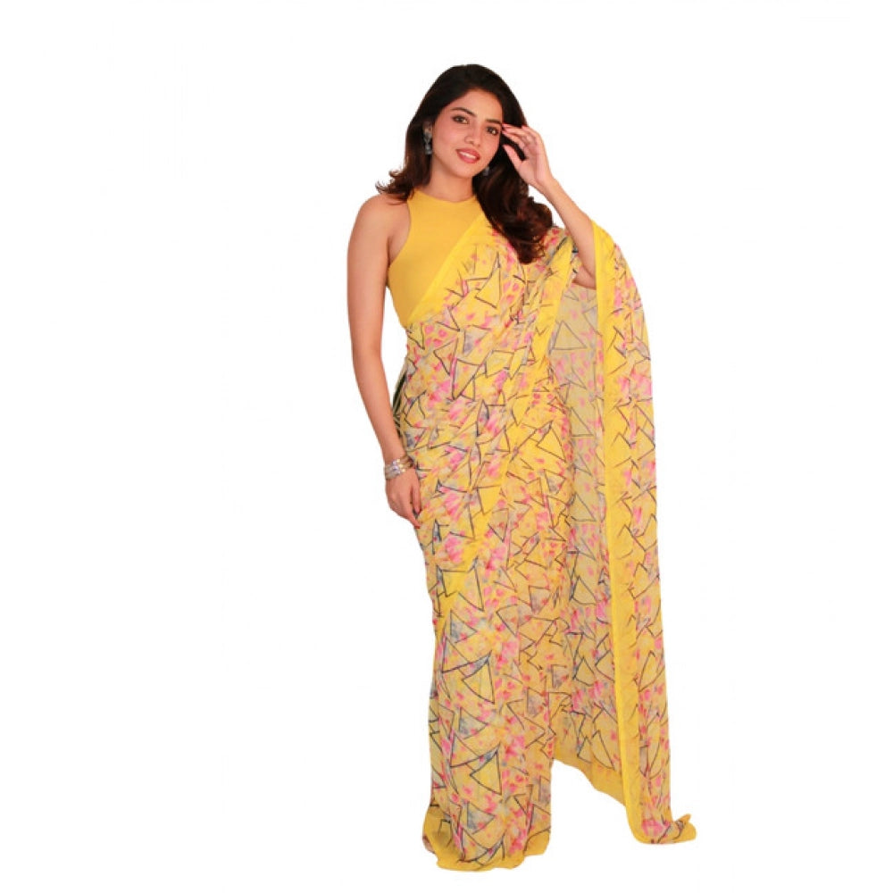 Generic Women's Georgette Printed Saree With Unstitched Blouse 5.5Mtr (Yellow)