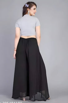 Generic Women's Pack of 1 Georgette Solid High Rise Wide Leg Flared Palazzo with Elastic Waist (Black)