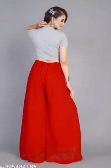 Generic Women's Pack of 1 Georgette Solid High Rise Wide Leg Flared Palazzo with Elastic Waist (Red)