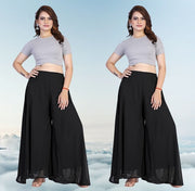 Generic Women's Pack of 2 Georgette Solid High Rise Wide Leg Flared Palazzos with Elastic Waist (Black)