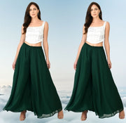 Generic Women's Pack of 2 Georgette Solid High Rise Wide Leg Flared Palazzos with Elastic Waist (Bottle Green)